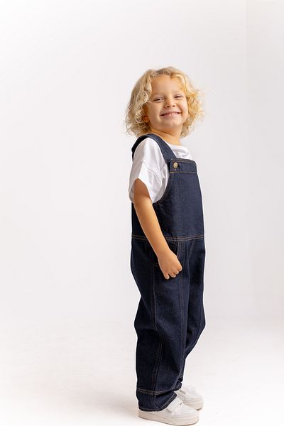 Oliven The Kid Salopetă albastră unisex cu picior lung din denim - buzunar lateral