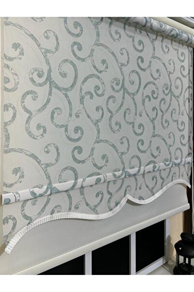 StorBurada Çift Mekanizmalı Desenli Tül Stor Perde Gri Yeşil Baskı STB-107