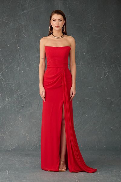 Carmen Rochie de seara din sifon cu fanta rosie fara bretele