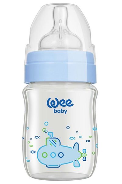 Wee Baby 180ml Blue Glass Baby Bottle - Wide Mouth, Heat Resistant, Classic Plus