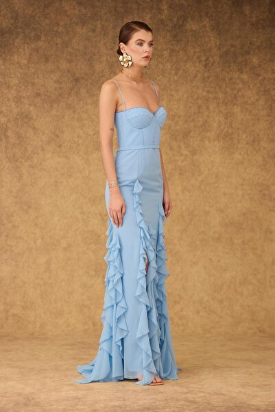 Carmen Bebe Mavi Volanlı Yırtmaçlı Şifon Abiye Elbise