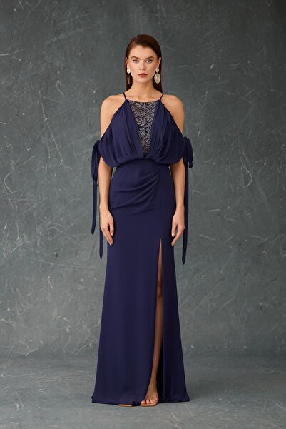 Carmen Lacivert İçi Dantelli Şifon Abiye Elbise