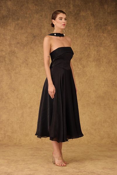 Carmen Black Strapless Satin Evening Dress with Shawl