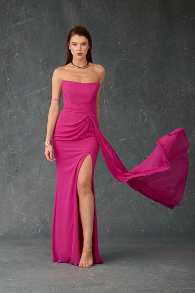 Carmen Rochie de seara din sifon fara bretele fucsia