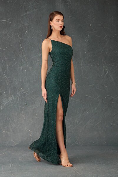 Carmen Zümrüt Tek Omuz Yırtmaçlı Payetli Abiye Elbise