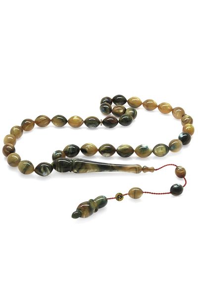 Tesbihane Systemed Barley Cut Pearlescent Green-Black Colorful Catalin Rosary