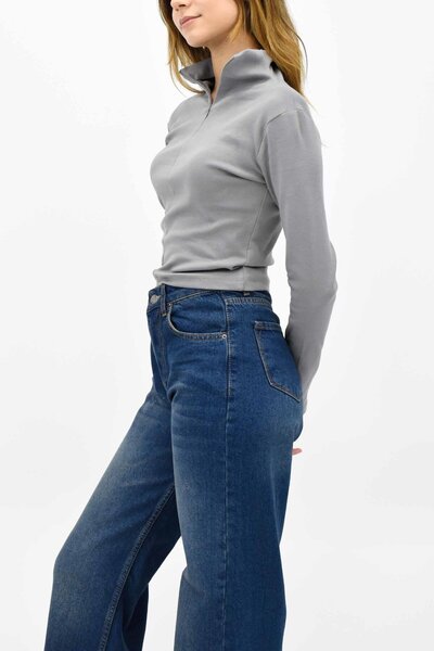 birizmoda Stand Collar Zippered Blouse - Gray