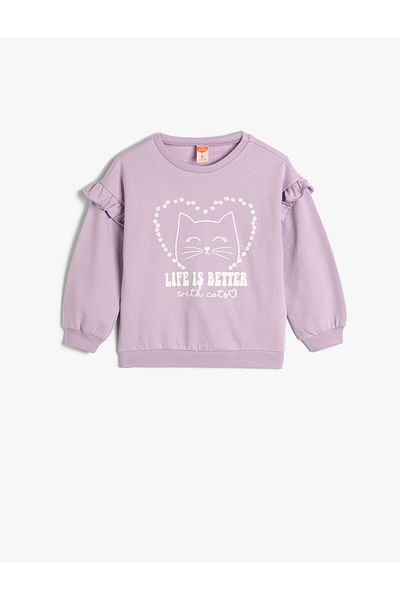 Koton Sweatshirt mit Katzenmuster und detailliertem Langarm-Rundhalsausschnitt aus Baumwolle