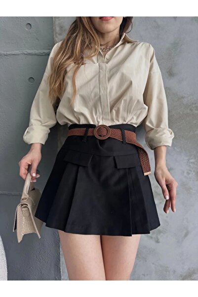 NO979 Kadın Siyah  Piliseli Kemerli Mini Şortlu Etek