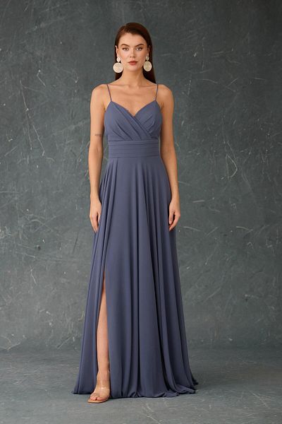 Carmen Βραδινό φόρεμα Indigo Pleated Slit Chiffon