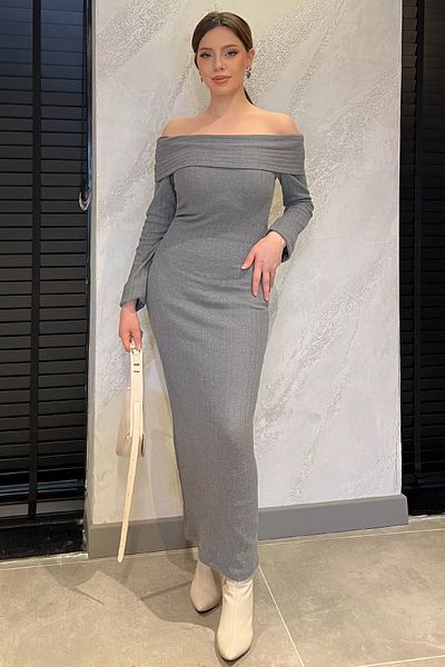 GÜLSELİ Σκούρο γκρι γυναικείο μακρύ φόρεμα Madonna Collar