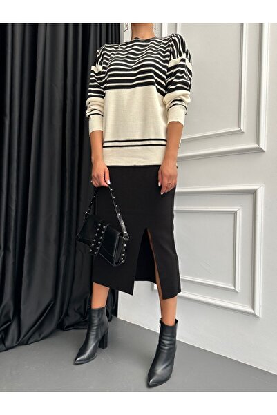 Modamorfo Crew Neck Striped Skirt Knitwear Set - Black