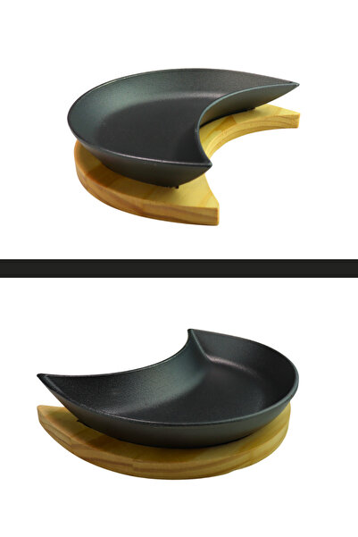 Evren Döküm Demir Böbrek Fajita Tava 22x13 cm ve Ahşap Servis Sunum Altlık