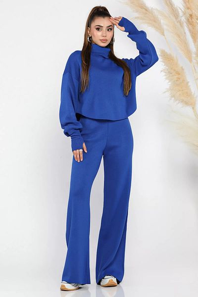 GÜLSELİ Sax Blue Crop Sweater Trousers Knitwear Double Set