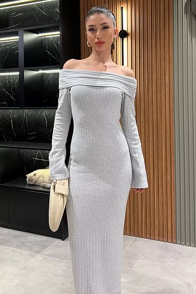 GÜLSELİ Γκρι γυναικείο μακρύ φόρεμα Madonna Collar