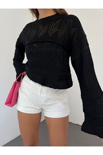 Modamorfo Openwork Pompom Long Sleeve Sweater - Black