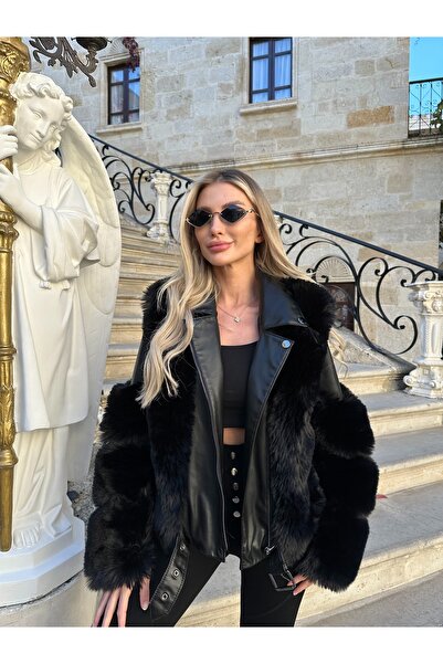 ByRanaBuyuk Black Short Knuckle Sleeve Fur Coat