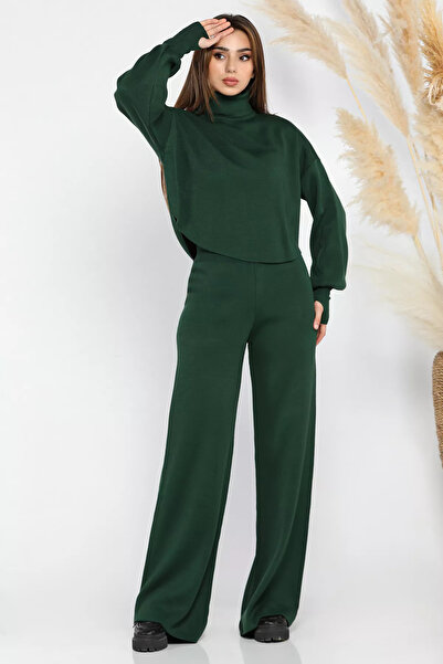 GÜLSELİ Emerald Green Crop Sweater Trousers Knitwear Double Set