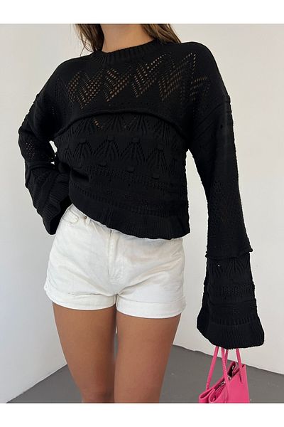 Modamorfo Openwork Pompom Long Sleeve Sweater - Black