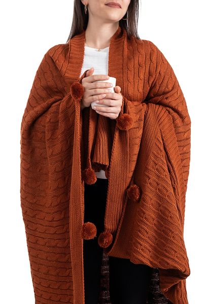 Sevim Pompom Knitwear Knitted Tv Blanket – Sofa & Shoulder Shawl & Knee Blanket –130X170 Cm-Tile-Terra