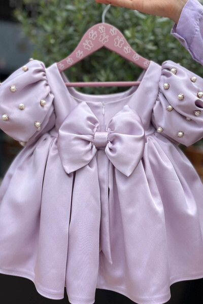 Bertuğ Bebek İncili Balon Kol Kız Çocuk Bebek Saten Lila Abiye Gelinlik Elbise