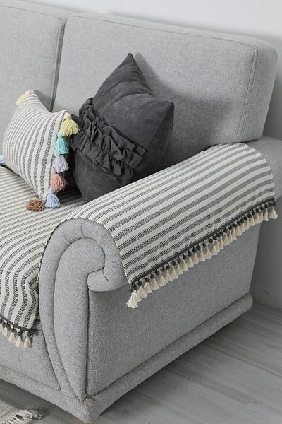 Aisha's Design Gray Striped Armrest Set with Pompom and Tassel Detail