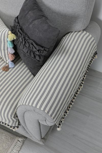 Aisha's Design Gray Striped Armrest Set with Pompom and Tassel Detail