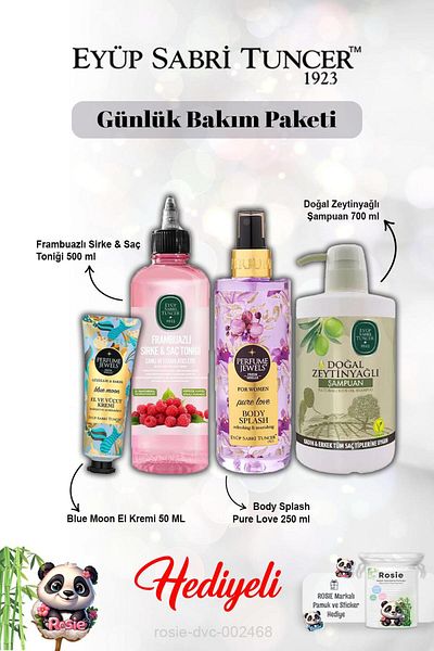 Eyüp Sabri Tuncer Cream Blue Moon, Pure Love Body Spray, Raspberry Tonic, Olive Oil Shampoo and Rosie