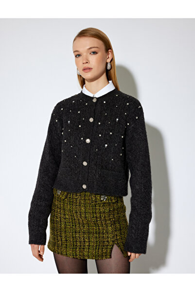 Koton X Melis Ağazat - Long Sleeve Round Neck Buttoned Stone Cardigan