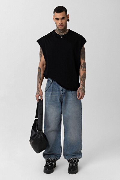 Vamos Pleated chain detailed baggy jeans light blue melange