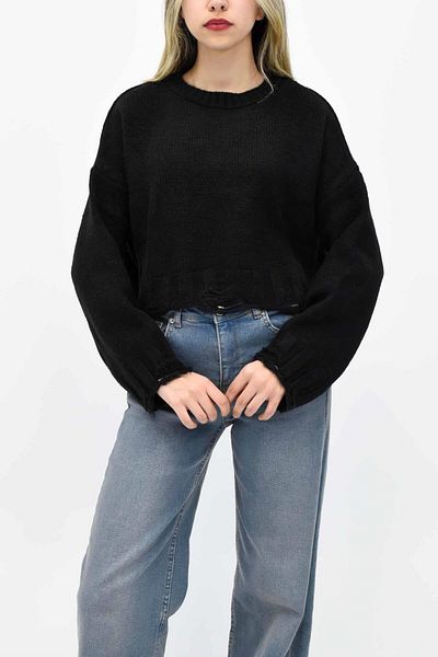 birizmoda Pulover negru crop - detaliu rupt