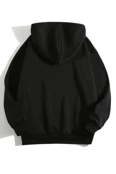 JustBS Hanorac negru cu buzunar din cangur, fără imprimeu