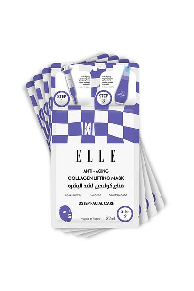 ELLE Anti-Aging Collagen Lifting Mask 3-Step Care Kit, Firming Sheet Mask, Anti aging,  Pack of 4