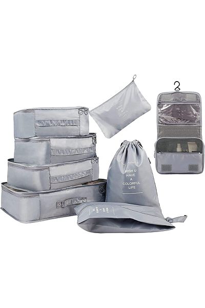COOYA 8 Pcs Travel Cubes,lightweight,with Large Toiletries Bag For Clothes Shoes Cosmetics,grey