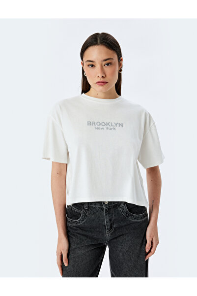 Koton Slogan Print Short Sleeve Crop Crew Neck T-Shirt