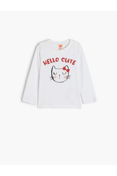 Koton Cotton Cat Printed Crew Neck Long Sleeve T-Shirt