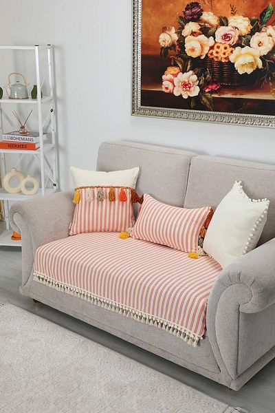 Aisha's Design 90X155 cm Striped Sofa Cover - Pompom and Tassel Detail, Ko-39Ik