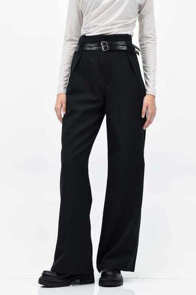 birizmoda Pantaloni Palazzo cu centură dublă - negri