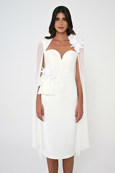 ALFABETA Alfa Beta Kadın Kalp Göğüs Kolları Şifon Şal Midi Abiye Elbise