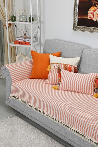 Aisha's Design Pompom and Tassel Detailed Striped Sofa Cover 90X210 Cm,Ko-39