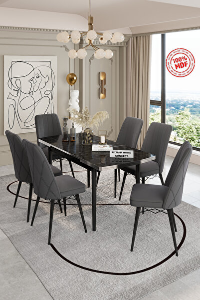 UZMHOME Açılabilir Yemek Masası Takımı Mdf Masa Takımı Siyah Mermer Desenli Y...