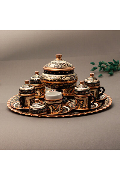 Alone 6 Kişilik El Yapımı Bakır Kahve Takımı Fincan, Tepsi Ve Cezveyle Mükemmel Sunum