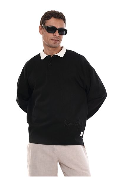 Butik TREND BIZ Hanorac oversize cu broderie cu guler polo în față și în spate