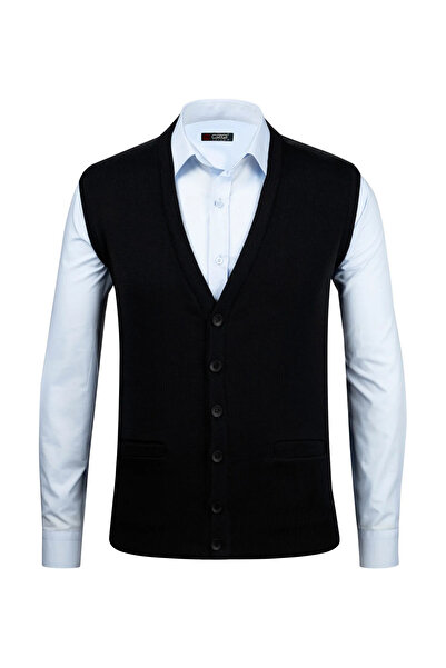 Çizgi Triko Γιλέκο από ατσάλινο πλέγμα με σχέδιο με λαιμόκοψη σε σχήμα V - Μαύρο 4241LB