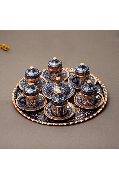 Alone 6 Kişilik El Yapımı Bakır Kahve Takımı Fincan, Tepsi Ve Cezveyle Mükemmel Sunum