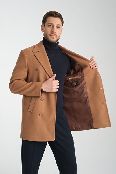 Frappoli Regular Fit Double Breasted Metal Button Detailed Cashmere Coat