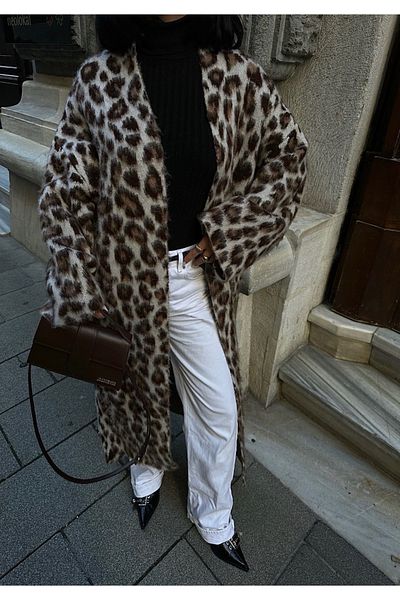 Gallogi Leopard Print Raised Long Knitwear Cardigan