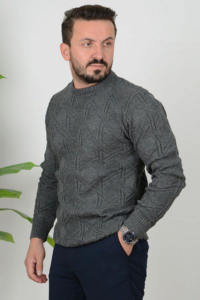 Edwox Ανδρικό πλεκτό πουλόβερ με μοτίβο Anthracite Slim Fit - Crew Neck Edw018