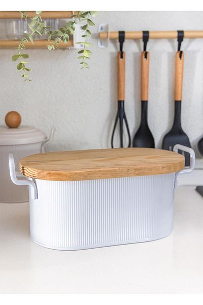 The Mia Stripe Wood Lid Bread Storage Box White 40X22X18 cm