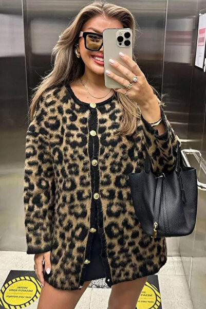 Swana كارديجان نسائي منقوش بنقشة الفهد مع تفاصيل أزرار - بني